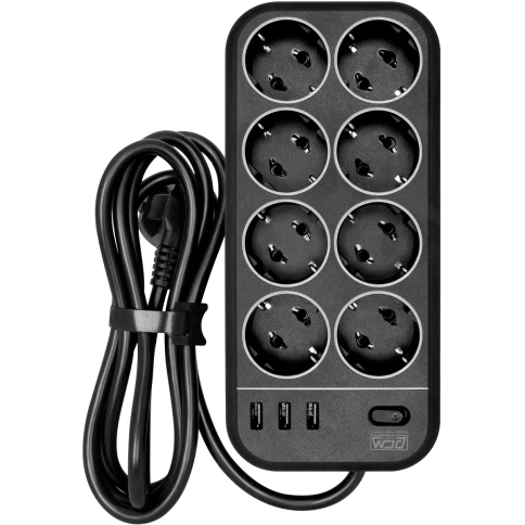 Фильтр-удлинитель PowerCom SP-08 USB03AB 1.8M, 8 розеток, черный, 16А, 4кВт, 175Дж, 3*USB, защитные шторки, защита от КЗ, перегрузки, ВЧ и импульсных помех, кабель 3x1 мм2, ШхГхВ 230х105х45 мм, вес 0.55 кг./ Surge protector PowerCom SP-08 USB03AB 1.8M, 8 фото 1