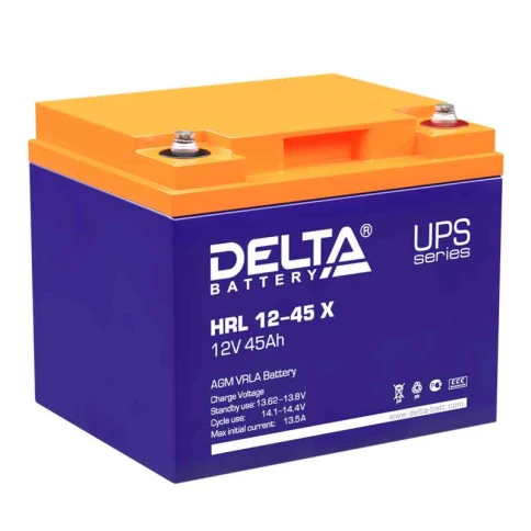 Батарея DELTA серия HRL-X, HRL 12-45 X, напряжение 12В, емкость 45Ач (разряд 10 часов),  макс. ток разряда (5 сек.) 450А, макс. ток заряда 13.5А, свинцово-кислотная типа AGM, клеммы под болт М6, ДxШxВ 198х166х170мм., вес 14.8кг., срок службы 12 лет./ Batt фото 1