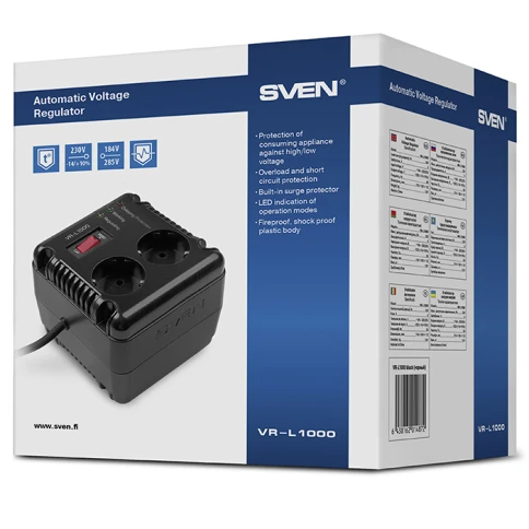 Стабилизатор SVEN VR-L1000, релейный, 320вт, 184-285в, 2 евророзетки, черный, габариты  118 ? 106? 112мм, 1.61кг./ Stabilizer SVEN VR-L1000, Relay, 320W, 184-285v, 2 euro outlets, black,  118 ? 106? 112mm, 1.61kg. фото 4