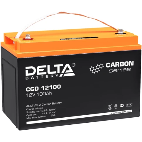 Батарея DELTA серия CGD, CGD 12100, напряжение 12В, емкость 100Ач (разряд 10 часов),  макс. ток разряда (5 сек.) 1000А, макс. ток заряда 50А, графеновая свинцово-кислотная типа AGM, клеммы под болт М8, ДxШxВ 330х173х212мм., вес 30кг., срок службы 15 лет./ фото 1