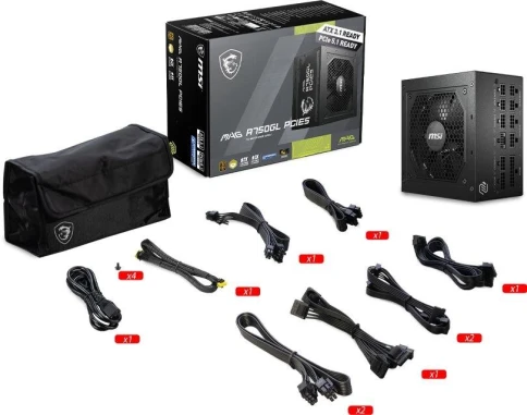 Блок питания ПК/ Power Supply MSI MAG A750GL PCIE5, 750W 80+ Gold (ATX, 3.1, PCIe 5.1, Full modular, 1x24(20+4)pin, 2xCPU 8(4+4)pin, 3xPCIe*2 8(6+2)pin, 1x12VHPWR, 8xSATA3, 4xMOLEX4pin, Active, 120x120mm, 140x150x86mm, APFC, black) фото 5