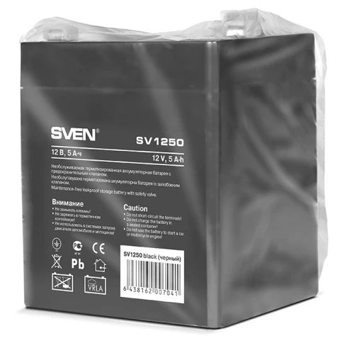 Батарея SVEN SV 1250 (12V 5Ah), напряжение 12В, емкость 5А*ч, макс. ток разряда 80А, макс. ток заряда 1.5А, свинцово-кислотная типа AGM, тип клемм F1/ Battery SVEN SV 1250 (12V 5Ah), 12V voltage, 5A*h capacity, max. discharging rate of 80A, max. charging фото 4