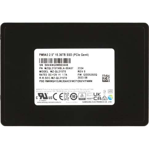 Твердотельный накопитель/ Samsung SSD PM9A3, 15360GB, U.2(2.5" 7mm), NVMe, PCIe 4.0 x4, 3D TLC, R/W 6700/4000MB/s, IOPs 1 100 000/200 000, TBW 28032, DWPD 1 (12 мес.) фото 1