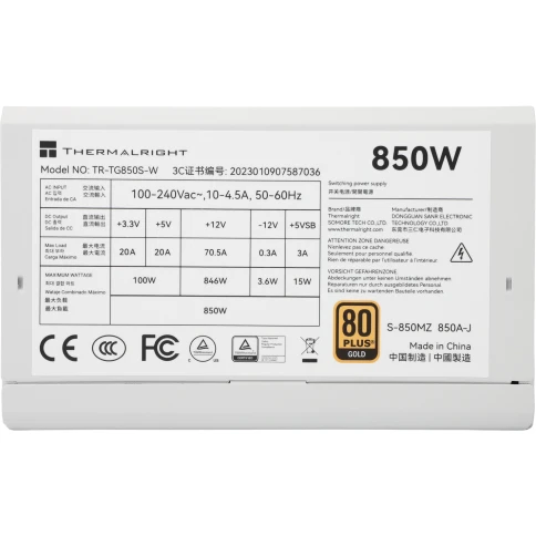 Блок питания ПК/ Power Supply Thermalright, 850W 80+ Gold (ATX, 3.0, PCIe 5.0, Non-modular, 1x24(20+4)pin, 1xCPU 8(4+4)pin, 2xPCIe*2 8(6+2)pin, 5xSATA3, 1x12+4pin (12VHPWR PCIe 5.0 12+4pin 600mm), 3xMOLEX4pin, Active, 120x120mm, 150x140x86mm, APFC, white) фото 3