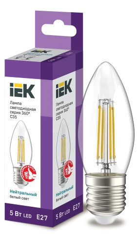 Лампа LED C35 свеча прозр. 5Вт 230В 4000К E27 серия 360° IEK фото 1