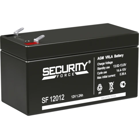 Батарея SECURITY FORCE серия SF, SF 12012, напряжение 12В, емкость 1.2Ач (разряд 20 часов), макс. ток заряда 0.36А, свинцово-кислотная типа AGM, клеммы F1, ДxШxВ 97х44х52мм., кг., срок службы 3-5 лет./ Battery SECURITY FORCE series SF, SF 12012, voltage 1 фото 1