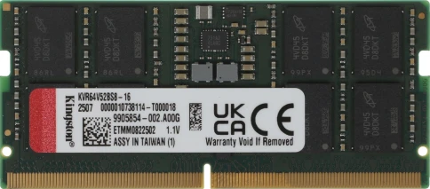 Оперативная память DDR5 16GB 6400MHz Kingston KVR64V52BS8-16 Valueram RTL PC5-51200 CL52 SO-DIMM 262-pin 1.1В single rank Ret фото 1