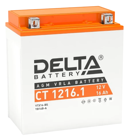 Аккумуляторная батарея для мото-техники/ DELTA серия  CT, CT 1216.1, напряжение 12В, емкость 16 Ач (разряд 10 часов 10.5 В), пусковой ток: 230А, полярность обратная ( - +),  тип AGM;Pb (свинцово-кислотный), клеммы: BN под болт,  ДxШxВ 151x88x164мм., вес фото 1