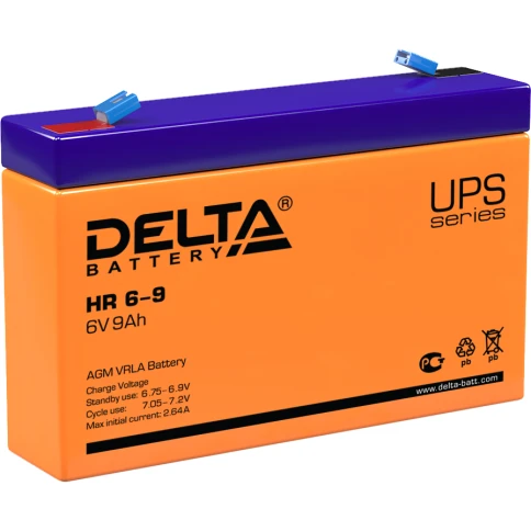 Батарея DELTA серия HR, HR 6-9, напряжение 6В, емкость 9Ач (разряд 20 часов),  макс. ток разряда (5 сек.) 135А, макс. ток заряда 2.55А, свинцово-кислотная типа AGM, клеммы F1, ДxШxВ 151х34х94мм., вес 1.37кг., срок службы 8 лет./ Battery DELTA series HR, H фото 1
