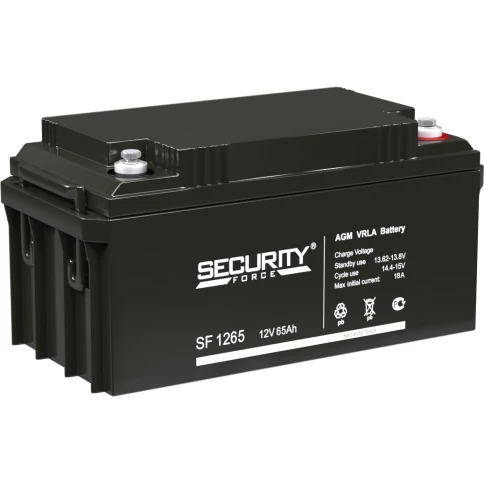 Аккумуляторная батарея/ SECURITY FORCE SF series battery, SF 1265, voltage 12V, capacity 65Ah (discharge 20 hours), max. discharge current (5 sec.) 50A, max. charge current 18A, AGM type lead acid, M6 bolt terminals, LxWxH 350x166x177mm., weight 18kg., se фото 1