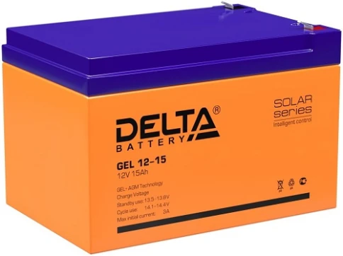 Батарея DELTA серия GEL, GEL 12-15, напряжение 12В, емкость 15Ач (разряд 20 часов),  макс. ток разряда (5 сек.) 200А, макс. ток заряда 3А, свинцово-кислотная типа AGM+GEL, клеммы F2, ДxШxВ 151х98х96мм., вес 3.7кг., срок службы 10-12 лет./ Battery DELTA se фото 1