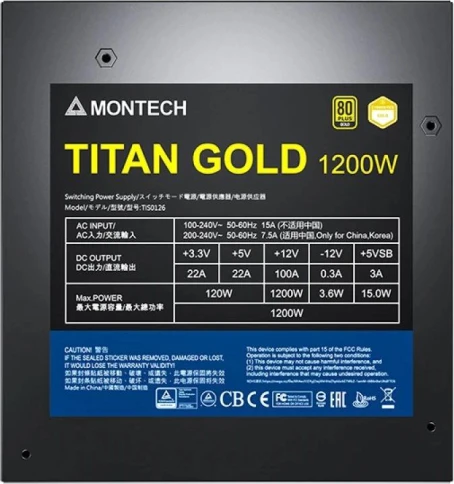 Блок питания Montech ATX 1200W TITAN GOLD Gen.5 80+ gold (20+4pin) APFC 135mm fan 12xSATA Cab Manag RTL фото 6
