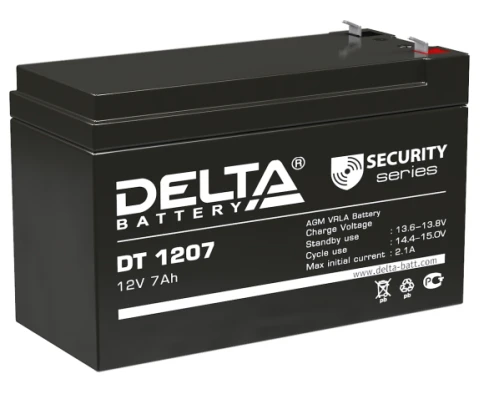 Батарея DELTA серия DT, DT 1207, напряжение 12В, емкость 7Ач (разряд 20 часов),  макс. ток разряда (5 сек.) 108А, макс. ток заряда 2.1А, свинцово-кислотная типа AGM, клеммы F1, ДxШxВ 151х65х95мм., вес 2.05кг., срок службы 5 лет./ Battery DELTA series DT, фото 1