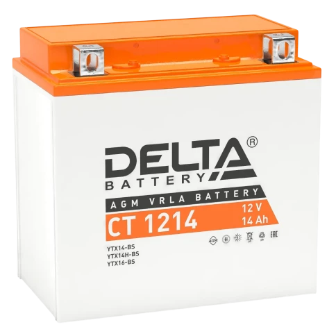 Аккумуляторная батарея для мото-техники/ DELTA серия  CT, CT 1214, напряжение 12В, емкость 14 Ач (разряд 10 часов 10.5 В), пусковой ток: 200А, полярность обратная ( - +),  тип AGM;Pb (свинцово-кислотный), клеммы: BN под болт,  ДxШxВ 151x88x147мм., вес  4, фото 1