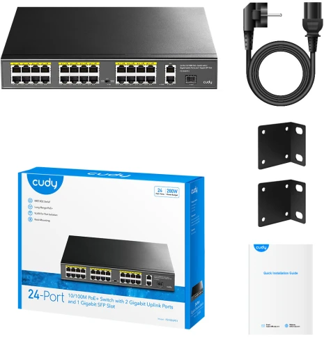 Коммутатор/ 24-Port 10/100M PSE RJ-45 +2 Gigabit RJ- 45 +1SFP Port with 24 POE Ports Switch with Built-in power supply, support 16-port IEEE 802.3at PoE+ Injector, Rack-mountable Steel case, 300W Internal фото 4