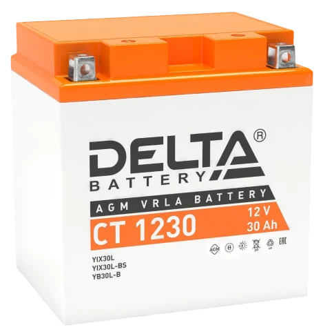 Аккумуляторная батарея для мото-техники/ DELTA серия  CT, CT 1230, напряжение 12В, емкость 30 Ач (разряд 10 часов 10.5 В), пусковой ток: 300А, полярность обратная ( - +),  тип AGM;Pb (свинцово-кислотный), клеммы: BN под болт,  ДxШxВ 168x126x175мм., вес  8 фото 1
