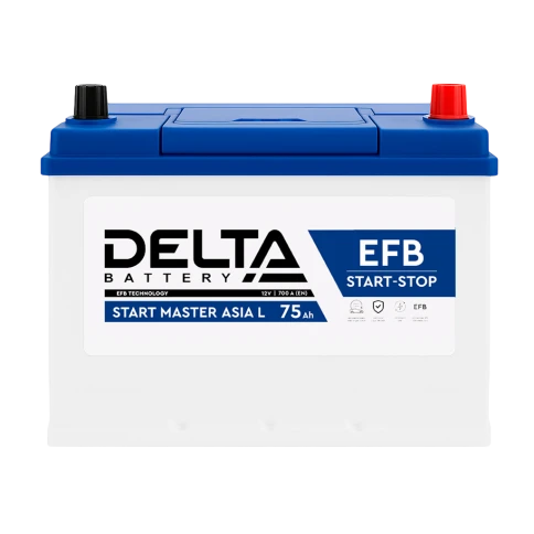 Аккумуляторная батарея для автомобилей/ DELTA серия  START MASTER EFB Asia , START MASTER EFB 75 Ah Asia (с бортом) L , напряжение 12В, емкость 75 Ач (разряд 20 часов; 10.5В), пусковой ток: 700А, полярность обратная ( - +),  тип EFB;Pb (свинцово-кислотный фото 1