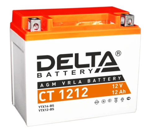 Аккумуляторная батарея для мото-техники/ DELTA серия  CT, CT 1212, напряжение 12В, емкость 12 Ач (разряд 10 часов 10.5 В), пусковой ток: 180А, полярность обратная ( - +),  тип AGM;Pb (свинцово-кислотный), клеммы: BN под болт,  ДxШxВ 150x86x131мм., вес  3, фото 1