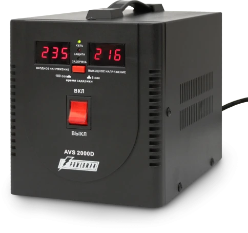 Стабилизатор POWERMAN AVS 2000D, черный, ступенчатый регулятор, цифровые индикаторы уровней напряжения, 2000ВА, 140-260В, максимальный входной ток 12А, 2 евророзетки, IP-20, напольный,  200мм х 160мм х 190мм, 4.9 кг./ Stabilizer POWERMAN AVS 2000D, black, фото 2