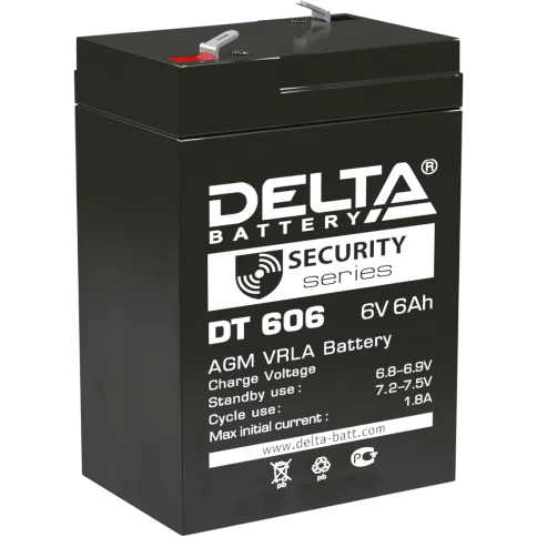 Батарея DELTA серия DT, DT 606, напряжение 6В, емкость 6Ач (разряд 20 часов),  макс. ток разряда (5 сек.) 90А, макс. ток заряда 1.8А, свинцово-кислотная типа AGM, клеммы F1, ДxШxВ 70х48х101мм., вес 0.81кг., срок службы 5 лет./ Battery DELTA series DT, DT фото 1