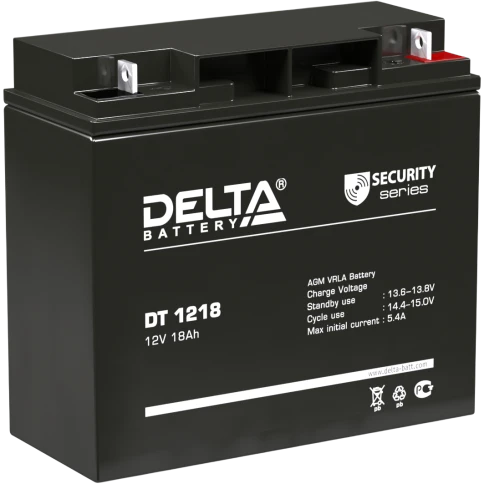 Батарея DELTA серия DT, DT 1218, напряжение 12В, емкость 18Ач (разряд 20 часов),  макс. ток разряда (5 сек.) 250А, макс. ток заряда 5.4А, свинцово-кислотная типа AGM, клеммы под гайку и болт M6, ДxШxВ 181х77х160мм., вес 5.2кг., срок службы 5 лет./ Battery фото 1
