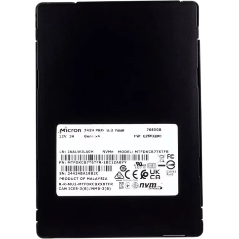 Твердотельный накопитель/ Micron SSD 7450 PRO, 7680GB, U.3(2.5" 7mm), NVMe, PCIe 4.0 x4, 3D TLC, R/W 6800/5600MB/s, IOPs 1 000 000/215 000, TBW 14000, DWPD 1 (12 мес.) фото 1