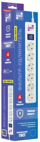 Фильтр-удлинитель Power Cube 1,9 м 6 розеток с заземлением (белый) 16А/3,5кВт/ Surge protector Power Cube 1,9 m 6 outlets (white) 16A / 3,5kVt фото 5