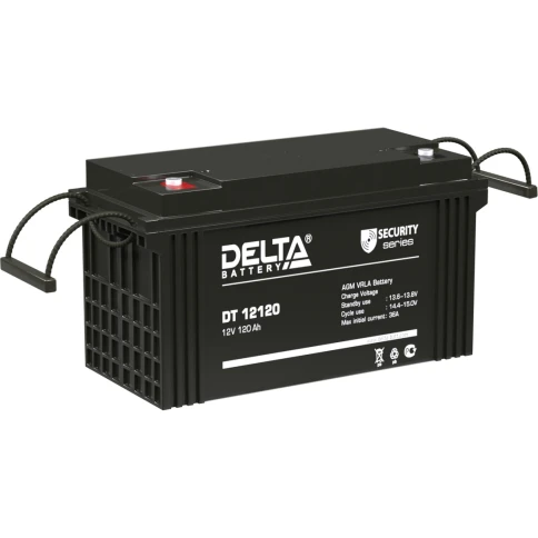 Батарея DELTA серия DT, DT 12120, напряжение 12В, емкость 120Ач (разряд 20 часов),  макс. ток разряда (5 сек.) 1000А, макс. ток заряда 36А, свинцово-кислотная типа AGM, клеммы под болт М8, ДxШxВ 410х176х224мм., вес 32кг., срок службы 7-10 лет./ Battery DE фото 1