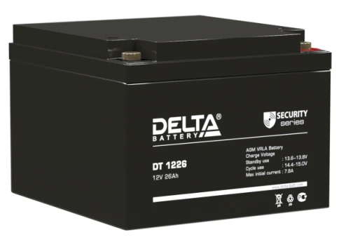 Батарея DELTA серия DT, DT 1226, напряжение 12В, емкость 26Ач (разряд 20 часов),  макс. ток разряда (5 сек.) 390А, макс. ток заряда 7.8А, свинцово-кислотная типа AGM, клеммы под гайку и болт M6, ДxШxВ 175х166х125мм., вес 8кг., срок службы 5 лет./ Battery фото 1