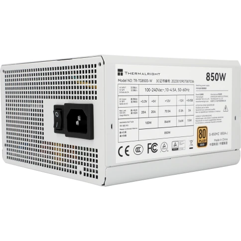 Блок питания ПК/ Power Supply Thermalright, 850W 80+ Gold (ATX, 3.0, PCIe 5.0, Non-modular, 1x24(20+4)pin, 1xCPU 8(4+4)pin, 2xPCIe*2 8(6+2)pin, 5xSATA3, 1x12+4pin (12VHPWR PCIe 5.0 12+4pin 600mm), 3xMOLEX4pin, Active, 120x120mm, 150x140x86mm, APFC, white) фото 2