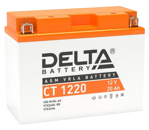 Аккумуляторная батарея для мото-техники/ DELTA серия  CT, CT 1220, напряжение 12В, емкость 20 Ач (разряд 10 часов 10.5 В), пусковой ток: 250А, полярность обратная ( - +),  тип AGM;Pb (свинцово-кислотный), клеммы: BN под болт,  ДxШxВ 204x91x159мм., вес  6, фото 1