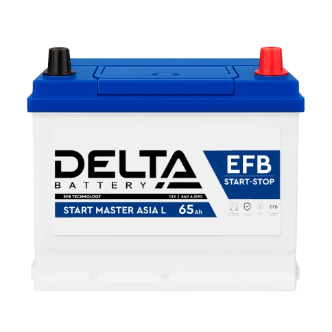 Аккумуляторная батарея для автомобилей/ DELTA серия  START MASTER EFB Asia , START MASTER EFB 65 Ah Asia (с бортом) L, напряжение 12В, емкость 65 Ач (разряд 20 часов; 10.5В), пусковой ток: 640А, полярность обратная ( - +),  тип EFB;Pb (свинцово-кислотный) фото 1