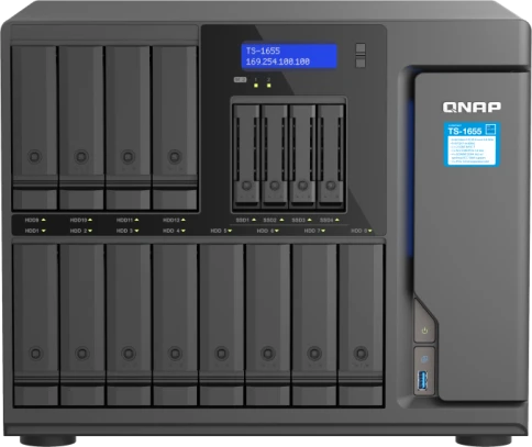 Сетевое хранилище без дисков/ SMB QNAP TS-1655-8G NAS 16-Bay (12x 3.5"/2.5" HDD/SSD bays + 4x 2.5" SSD bays + 2x M.2 2280 SATA slots), Intel Atom C5125 8-core processor, 2.8GHz, 8 GB DDR4 (1 x 8 GB) up to 128 GB (4 x 32 GB), 2x 2.5 GbE BASE фото 1