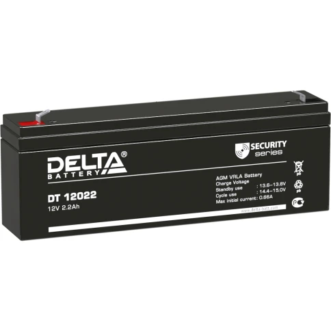 Батарея DELTA серия DT, DT 12022, напряжение 12В, емкость 2.2Ач (разряд 20 часов),  макс. ток разряда (5 сек.) 44А, макс. ток заряда 0.66А, свинцово-кислотная типа AGM, клеммы F1, ДxШxВ 179х35х61мм., вес 0.94кг., срок службы 5 лет./ Battery DELTA series D фото 1