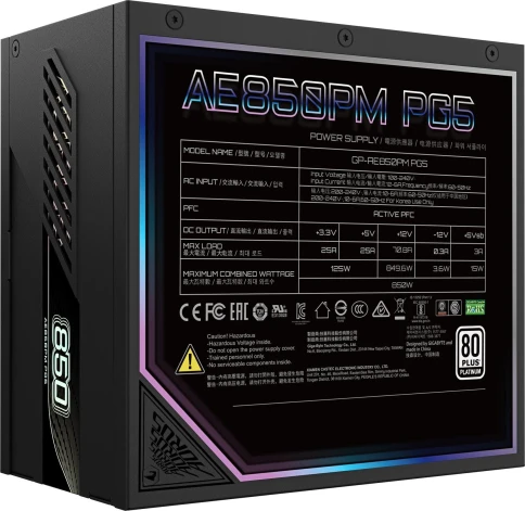 Блок питания Gigabyte ATX 850W Aorus Elite GP-AE850PM PG5 Gen.5 80+ platinum (20+4pin) APFC 120mm fan 8xSATA Cab Manag RTL [GP-AE850PM PG5] фото 4