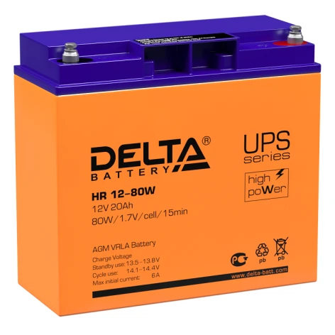 Батарея DELTA серия HR-W, HR 12-80 W, напряжение 12В, емкость 20Ач (разряд 20 часов),  макс. ток разряда (5 сек.) 300А, макс. ток заряда 6А, свинцово-кислотная типа AGM, клеммы под болт М5, ДxШxВ 181х77х167мм., вес 6.5кг., срок службы 8 лет./ Battery DELT фото 1