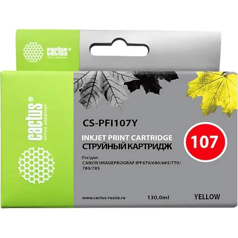 -/ Картридж струйный Cactus CS-PFI107Y желтый (130мл) для Canon IP iPF670/iPF680/iPF685/iPF770/iPF780/i фото 1