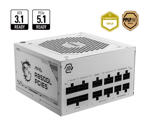 Блок питания ПК/ Power Supply MSI MAG A850GL PCIE5 WHITE, 850W 80+ Gold (ATX, 3.1, PCIe 5.1, Full modular, 1x24(20+4)pin, 2xCPU 8(4+4)pin, 4xPCIe*2 8(6+2)pin, 1x12VHPWR, 8xSATA3, 4xMOLEX4pin, Active, 120x120mm, 140x150x86mm, APFC, white) фото 2
