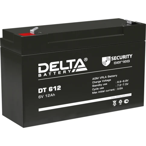 Батарея DELTA серия DT, DT 612, напряжение 6В, емкость 12Ач (разряд 20 часов),  макс. ток разряда (5 сек.) 150А, макс. ток заряда 3.6А, свинцово-кислотная типа AGM, клеммы F2, ДxШxВ 151х50х94мм., вес 1.6кг., срок службы 5 лет./ Battery DELTA series DT, DT фото 1
