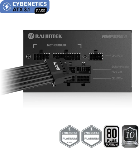 Блоки питания/ Power Supply Raijintek AMPERE II 850, 850W 80+ Platinum (ATX, 3.1, PCIe 5.1, Full-modular, 1x24(20+4)pin, 2x4+4-pin CPU, 3x6+2-pin PCIe, 1x12V(2x6), 10xSATA3, 5xMolex, Active, 120x120mm, 150x140x86mm, APFC, black) фото 3