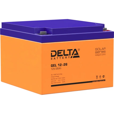 Батарея DELTA серия GEL, GEL 12-26, напряжение 12В, емкость 26Ач (разряд 20 часов),  макс. ток разряда (5 сек.) 300А, макс. ток заряда 5.2А, свинцово-кислотная типа AGM+GEL, клеммы под болт М6, ДxШxВ 166х175х125мм., вес 8.1кг., срок службы 10-12 лет./ Bat фото 1