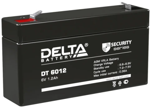 Батарея DELTA серия DT, DT 6012, напряжение 6В, емкость 1.2Ач (разряд 20 часов),  макс. ток разряда (5 сек.) 16.2А, макс. ток заряда 0.36А, свинцово-кислотная типа AGM, клеммы F1, ДxШxВ 97х24х51мм., вес 0.29кг., срок службы 5 лет./ Battery DELTA series DT фото 1