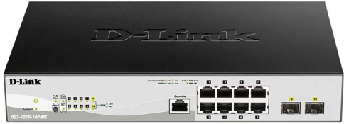 Коммутатор/ DGS-1210-10P/ME/B Managed L2 Metro Ethernet Switch 8x1000Base-T PoE, 2x1000Base-X SFP, PoE Budget 78W, Surge 6KV, CLI, RJ45 Console, Dying Gasp фото 1