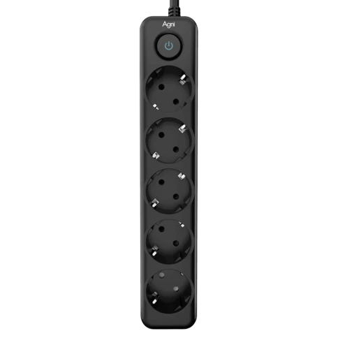 Cетевой фильтр AGNI плоский TP-FD5E-3m-black, 5 розеток Schuko, чёрный, кабель 3 метра, мощность нагрузки 4000 Вт, 16А, заземление, защита от короткого замыкания, сечение кабеля 3 х 1.5 кв.мм., размер 279x54x40 мм. фото 1