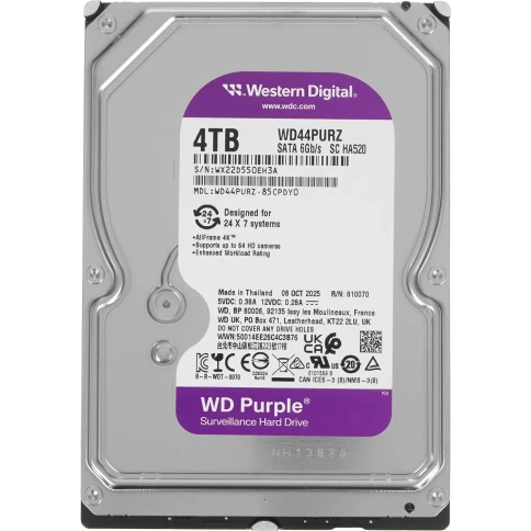 Жесткий диск/ HDD WD SATA3 4TB Purple Surveillancer 5400 RPM 128Mb 1 year warranty (replacement WD43PURZ) фото 1