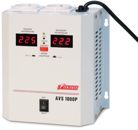 Стабилизатор POWERMAN AVS 1000P, ступенчатый регулятор, цифровые индикаторы уровней напряжения, 1000ВА, 110-260В, максимальный входной ток 7А, 2 евророзетки, IP-20, навесной,  185мм х 170мм х 100мм, 3.5 кг./ Stabilizer POWERMAN AVS 1000P, step-type regula фото 1