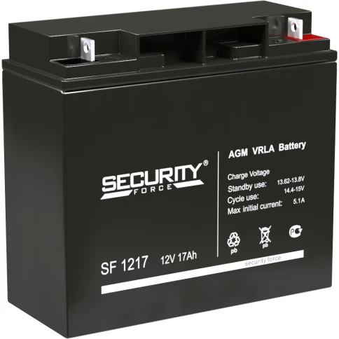 Батарея SECURITY FORCE серия SF, SF 1217, напряжение 12В, емкость 17Ач (разряд 20 часов),  макс. ток разряда (5 сек.) 18А, макс. ток заряда 5.1А, свинцово-кислотная типа AGM, клеммы под гайку и болт M6, ДxШxВ 181х77х167мм., вес кг., срок службы 3-5 лет./ фото 1