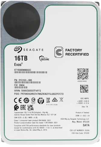 Жесткий диск/ HDD Seagate SATA 16Tb Exos 6Gb/s 7200 512Mb OFFICIAL RECERTIFIED MTBF - 2.5M hrs 1 year warranty (replacement ST16000NM001G, ST16000NM000J, MG08ACA16TE, MG09ACA16TE, MG11ACA16TE, WUH721816ALE6L4) фото 1