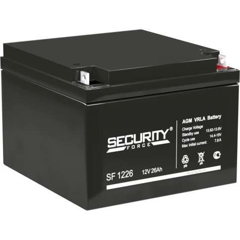 Аккумуляторная батарея/ Battery SECURITY FORCE SF series, SF 1226, voltage 12V, capacity 26Ah (discharge 20 hours), max. Discharge current (5 sec.) 30A, max. charging current 7.8 A, lead-acid AGM type, terminals for nut and bolt M6, LxWxH 166x175x125mm., фото 1
