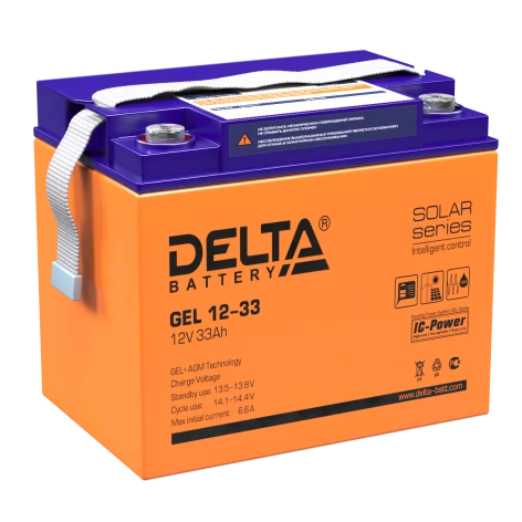 Батарея DELTA серия GEL, GEL 12-33, напряжение 12В, емкость 33Ач (разряд 20 часов),  макс. ток разряда (5 сек.) 330А, макс. ток заряда 6.6А, свинцово-кислотная типа AGM+GEL, клеммы под болт М6, ДxШxВ 195х132х168мм., вес 10.6кг., LCD, срок службы 10-12 лет фото 1